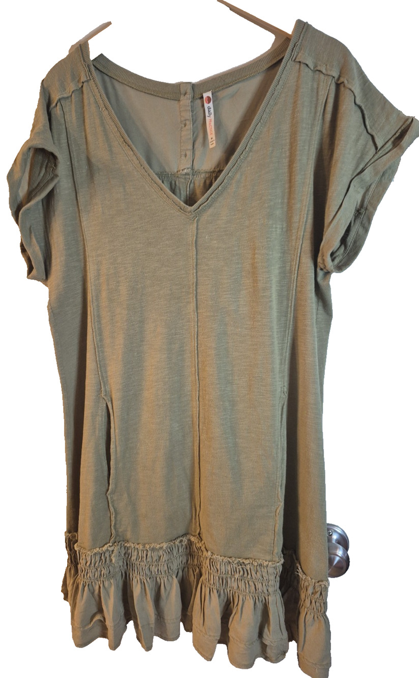 Daily Practice Dress Womens M Green Cotton Relaxed Fit Pockets Ruffle Hem Hippie